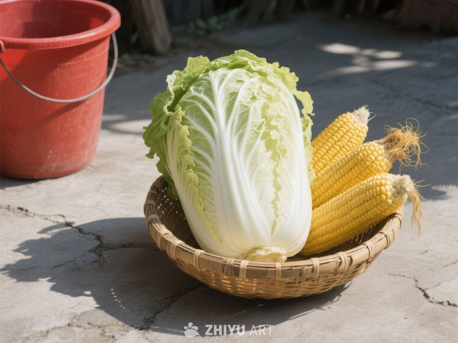 白菜与玉米置于竹篮中 8