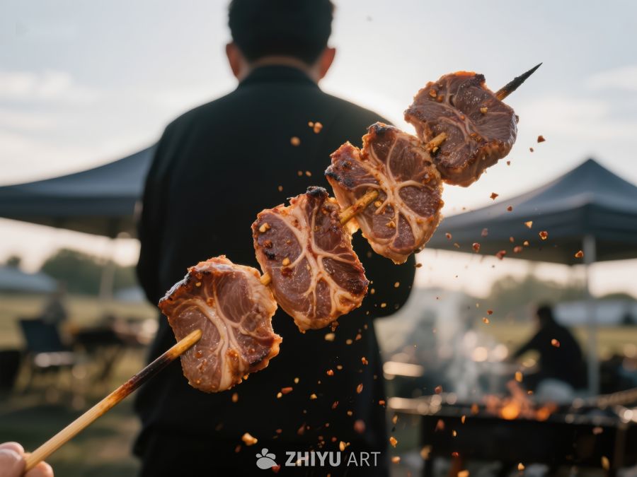 户外烧烤：肉串在火焰中翻转
