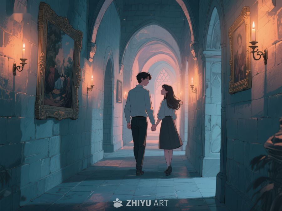 古堡长廊中的牵手情侣 205