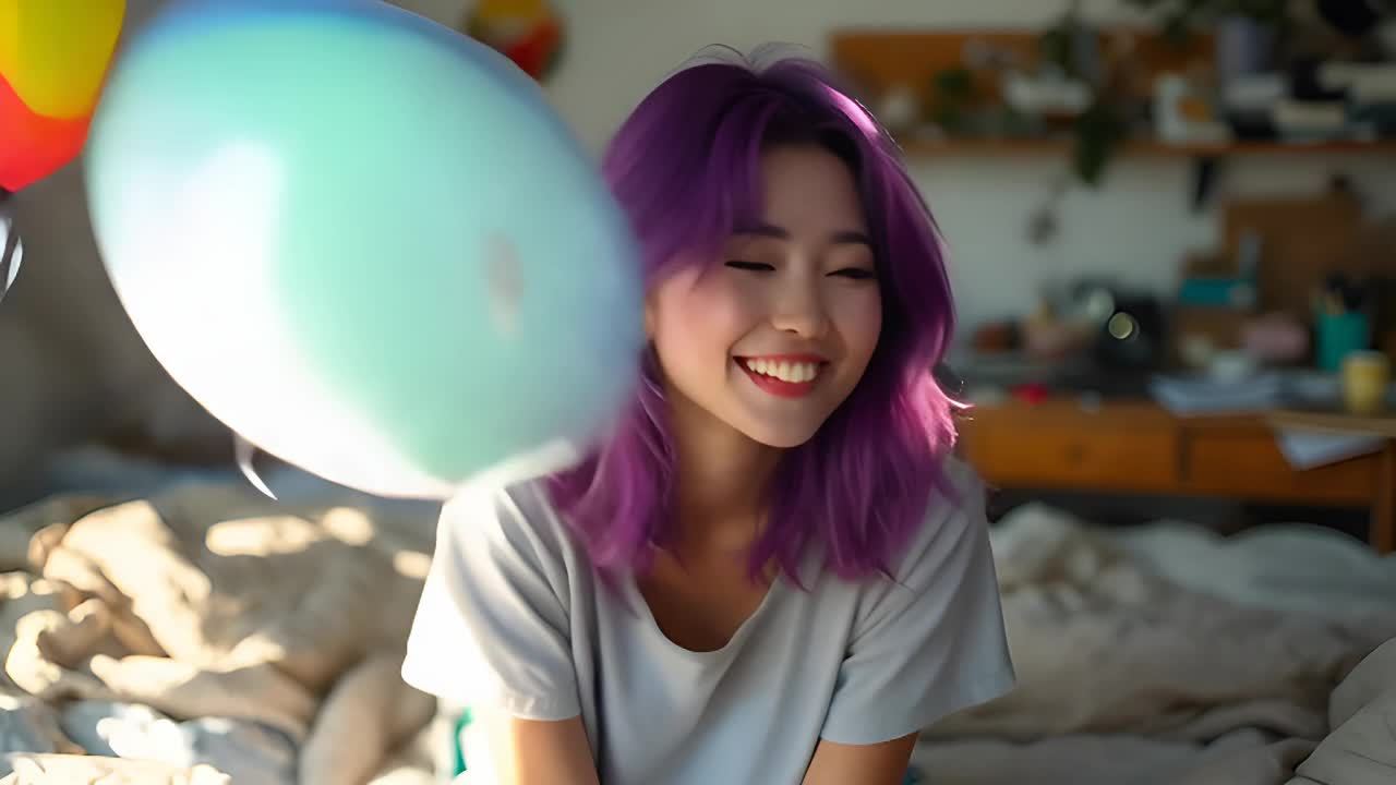 一位紫发女子坐在床上，她的头向后倾斜，脸上有笑容，