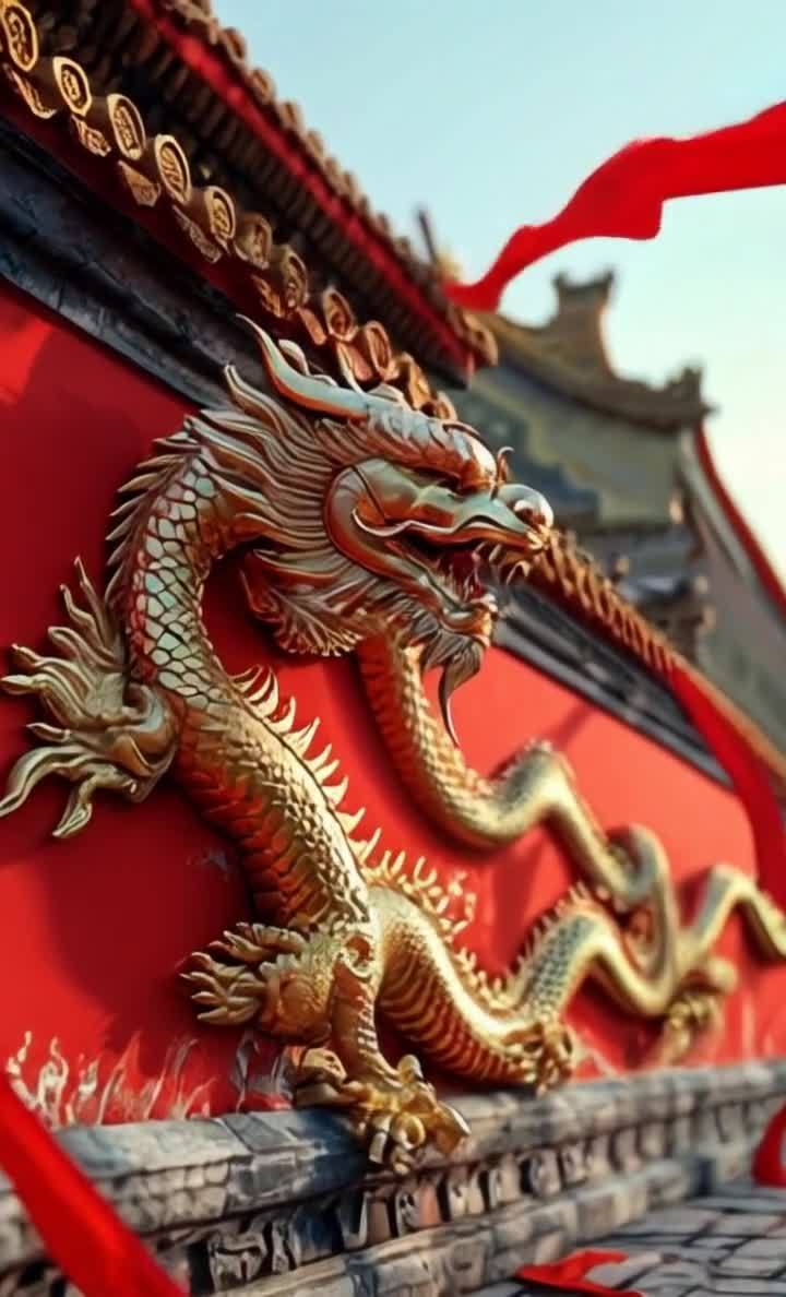 金色龙雕塑盘踞红色墙壁及中式屋檐彩带飘扬