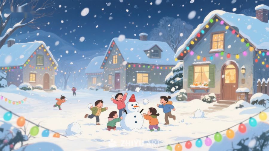 冬日雪景中孩子们堆雪人 10