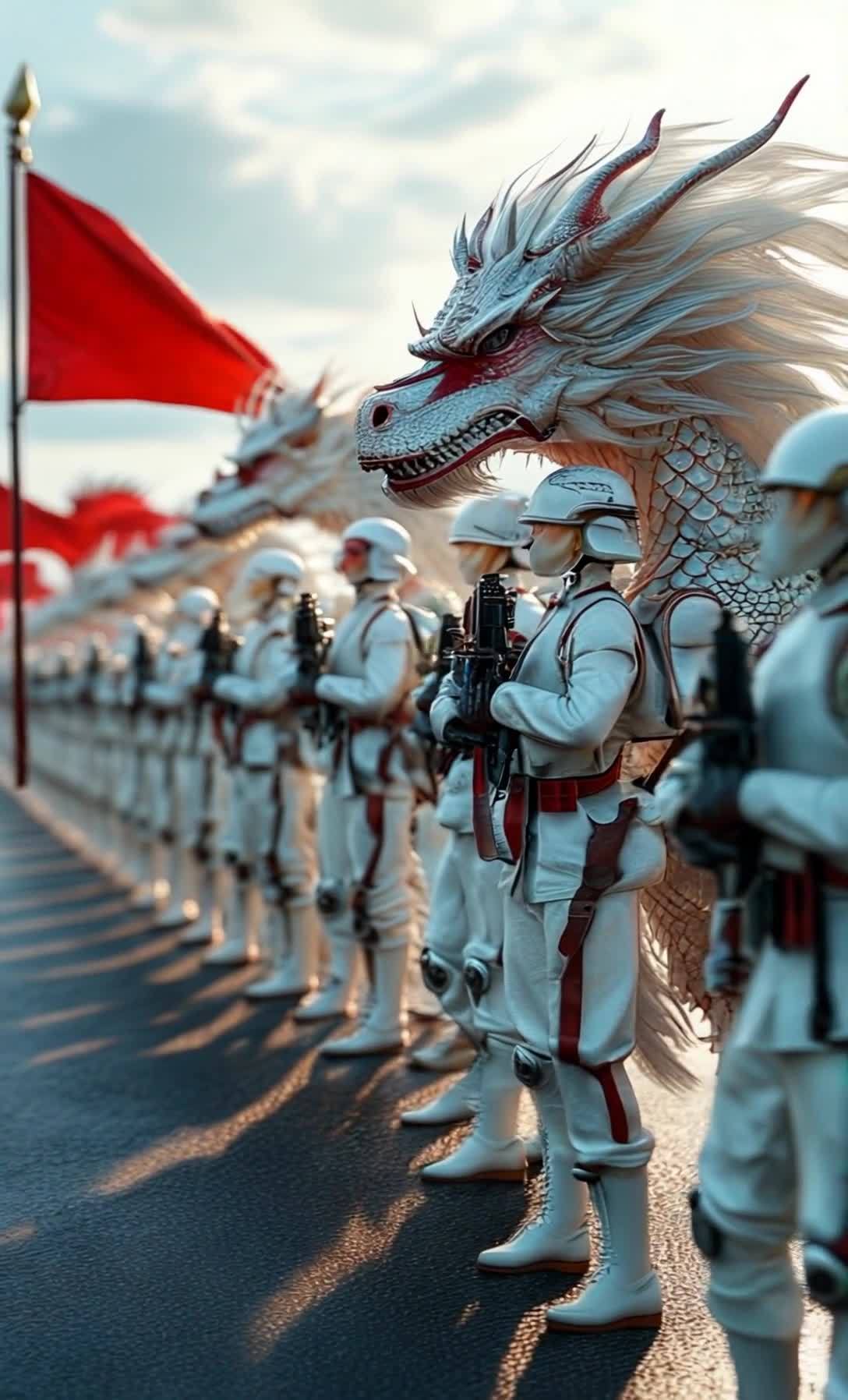 一队身穿白色制服的士兵站成一排，手持武器。队伍上方