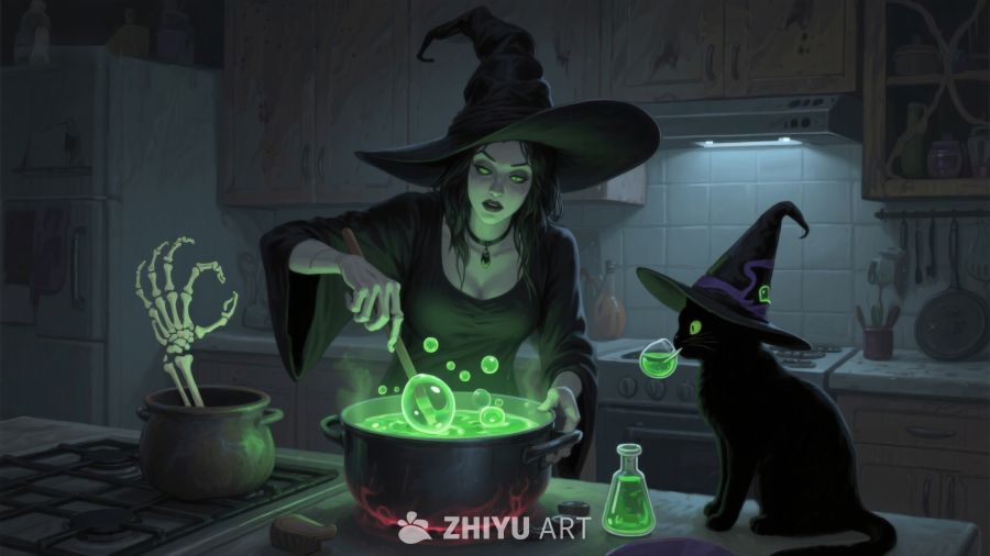 女巫厨房施法，黑猫旁观