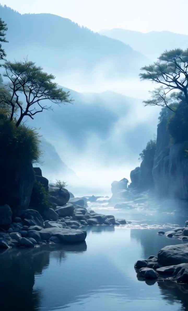 朦胧山水间，河谷清幽，云雾缭绕树木岩石。