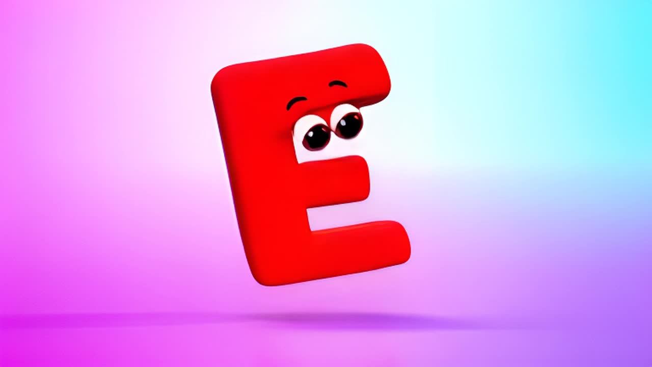 一个红色的卡通字母E在渐变背景中漂浮并轻轻跳跃。E