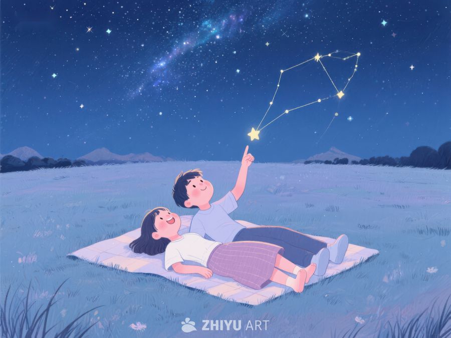 夜空下仰望星座的两人 987