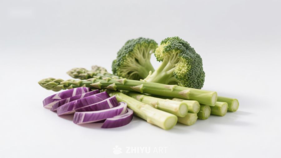 新鲜蔬菜组合：西兰花、芦笋与红洋葱