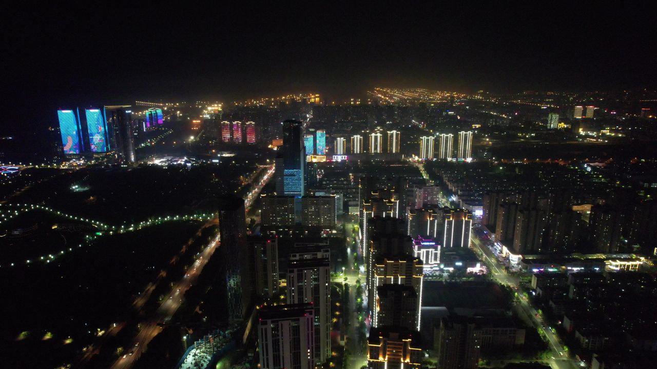 山东日照城市夜景灯光航拍  