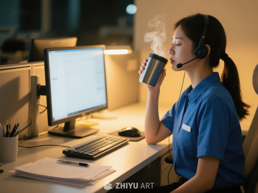 客服人员夜晚工作时喝热饮 211