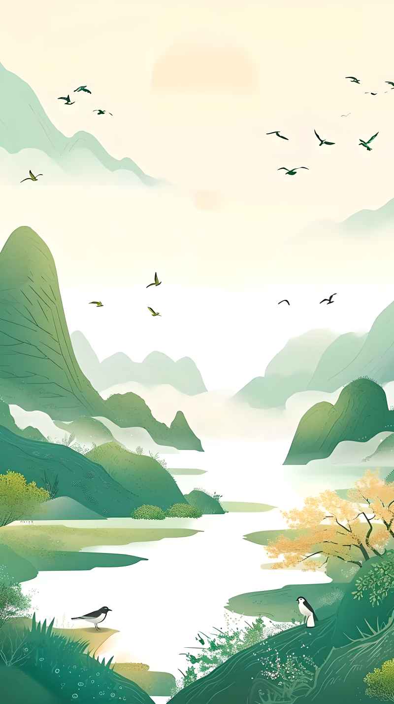 一幅卡通风景画上面有一条河和几只鸟 4