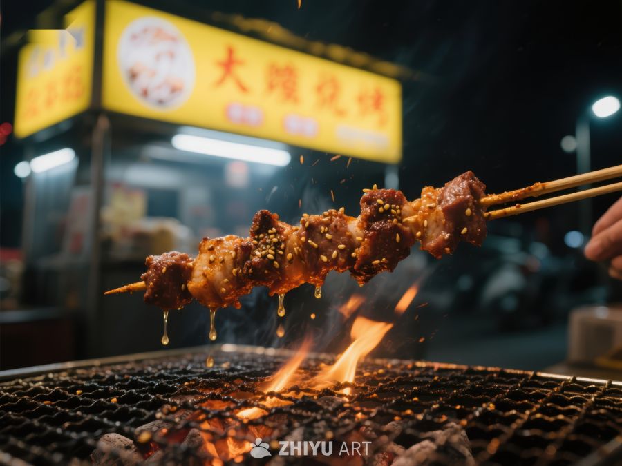 夜市烧烤：美味肉串在火焰上翻滚 1326