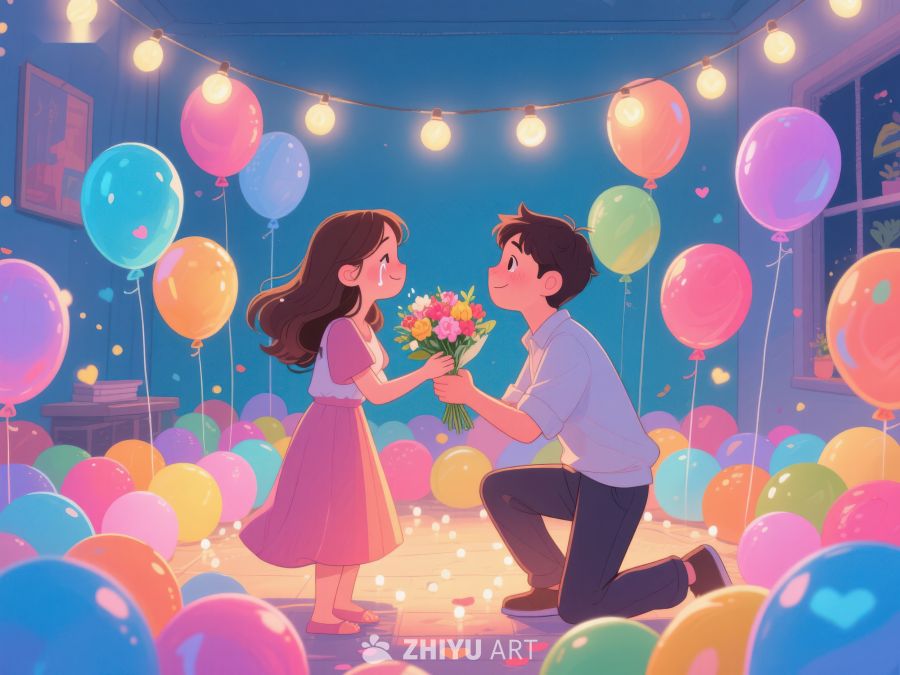 浪漫求婚夜，花束与气球环绕 429