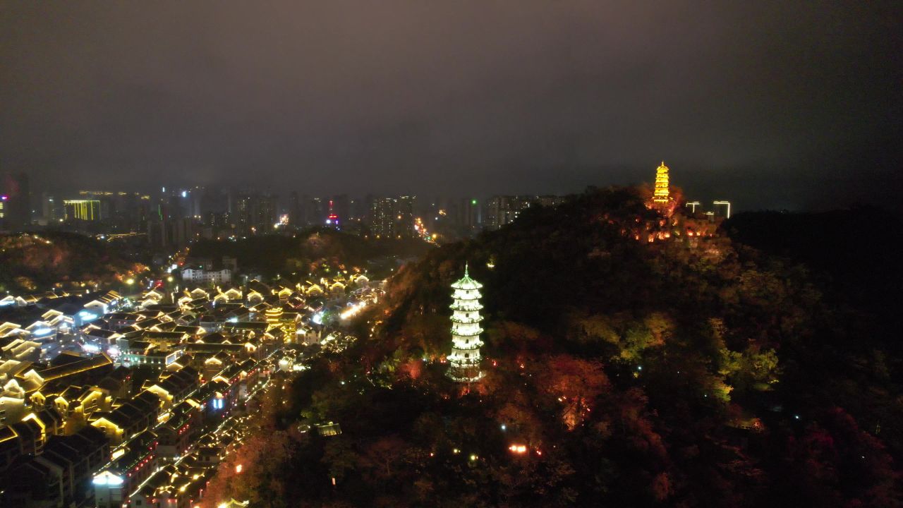 广西柳州窑埠古镇夜景灯光航拍