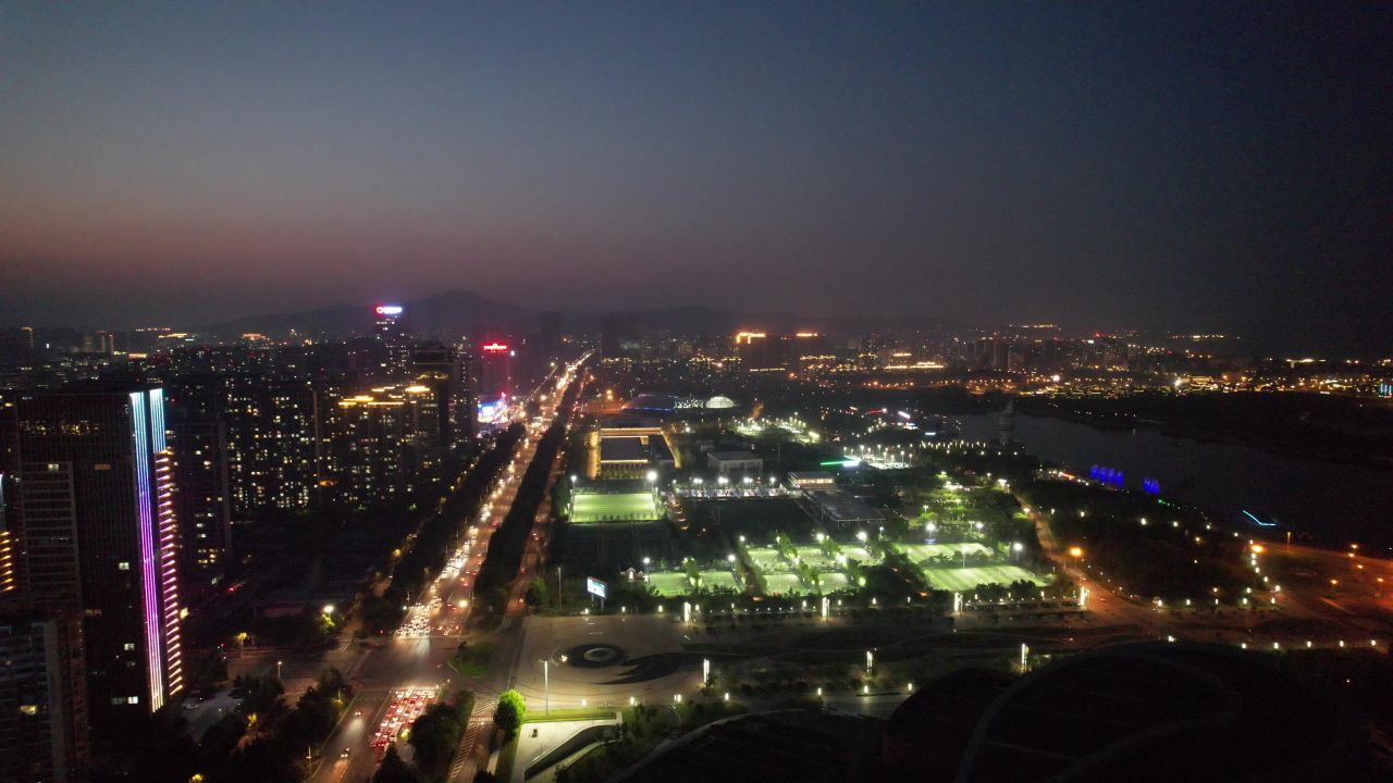 山东日照城市夜景灯光航拍  