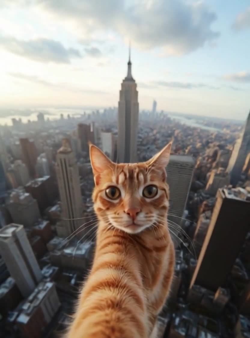 橘猫在高楼自拍，背景是纽约城市风光。