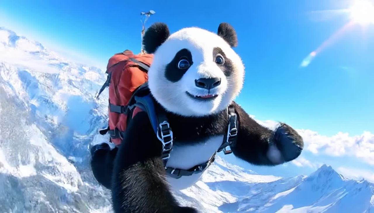 一只熊猫背着背包，在雪山上方的高空中，对着镜头微笑