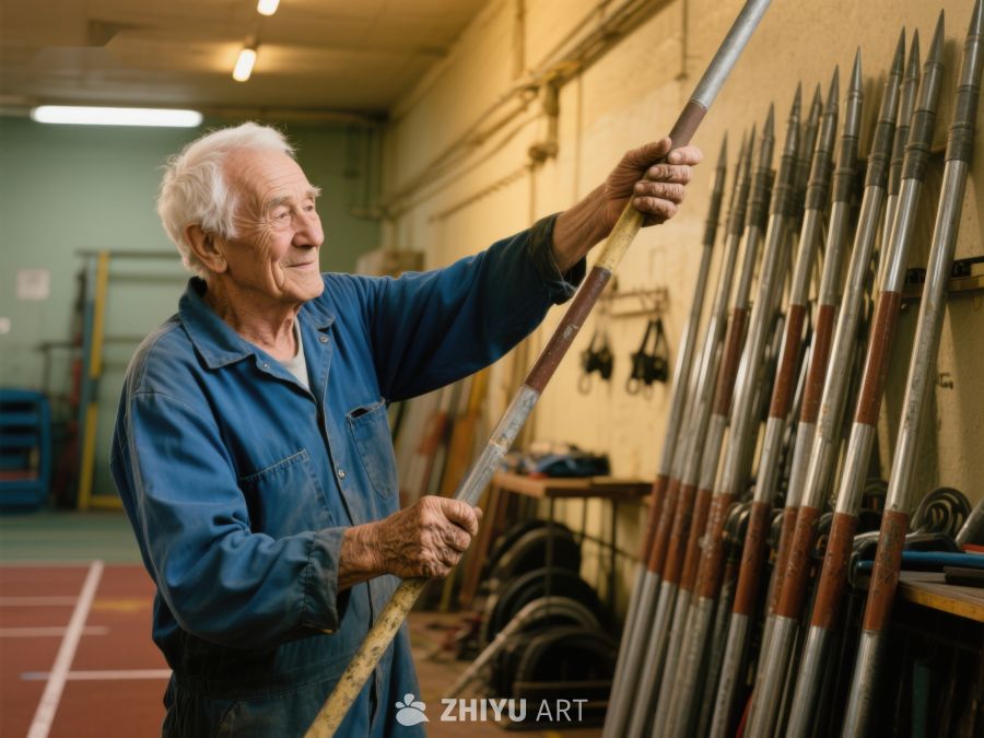 老人在车间检查长杆工具 487