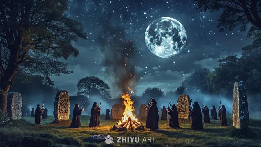 草地上，一群身穿黑色长袍的人围着篝火站立，他们手持