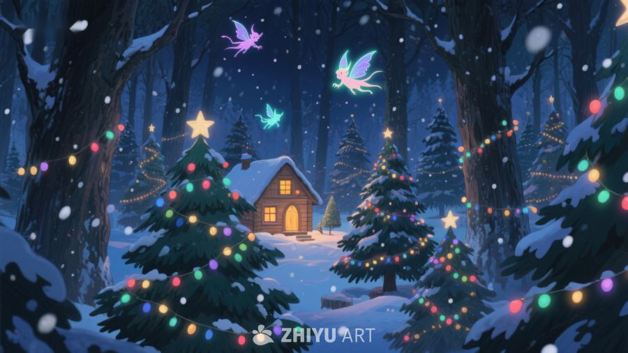 冬夜森林中的温馨小屋与彩灯圣诞树 60