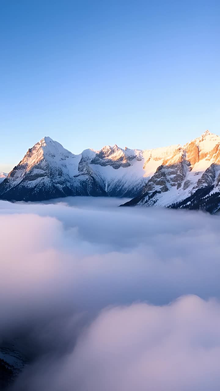 白雪皑皑的山脉耸立在云海之上，形成了一幅令人叹为观止的自然景观。山脉雄伟壮观，绵延不绝。清晨柔和的光线照亮了山峰，给覆盖着雪的顶峰带来了温暖的金色光芒。