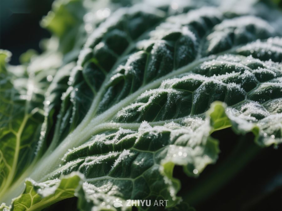 霜冻覆盖的绿色叶片特写 339