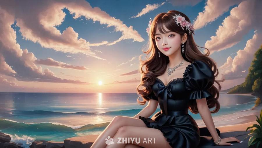 户外场景中，一位年轻女子坐在海边，夕阳西下。她留着