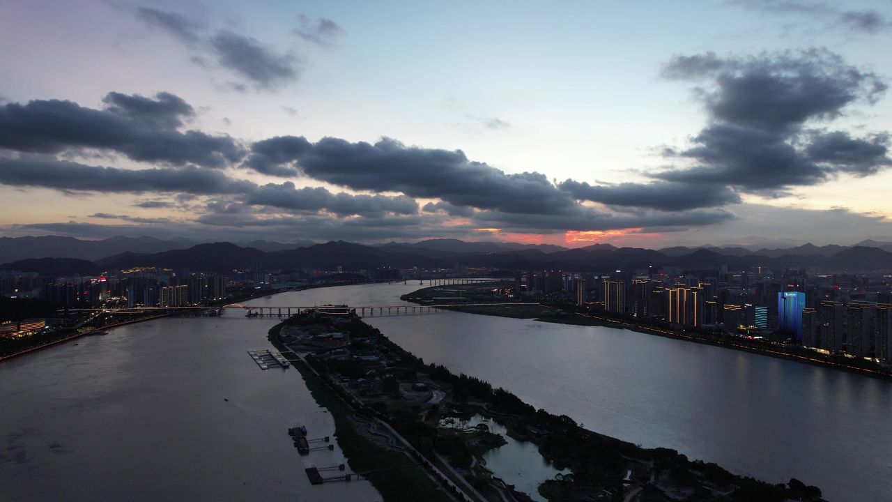浙江温州日落晚霞夕阳航拍