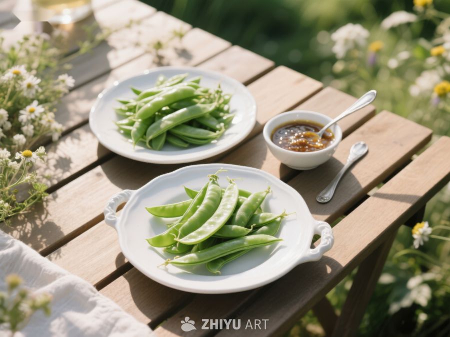 户外木桌上的新鲜豌豆与酱料 181