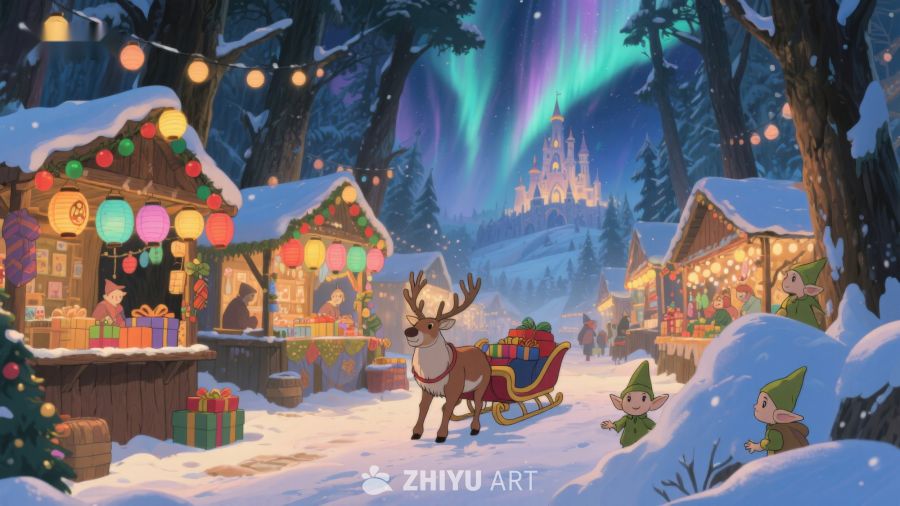 冬夜集市与极光下的城堡 38