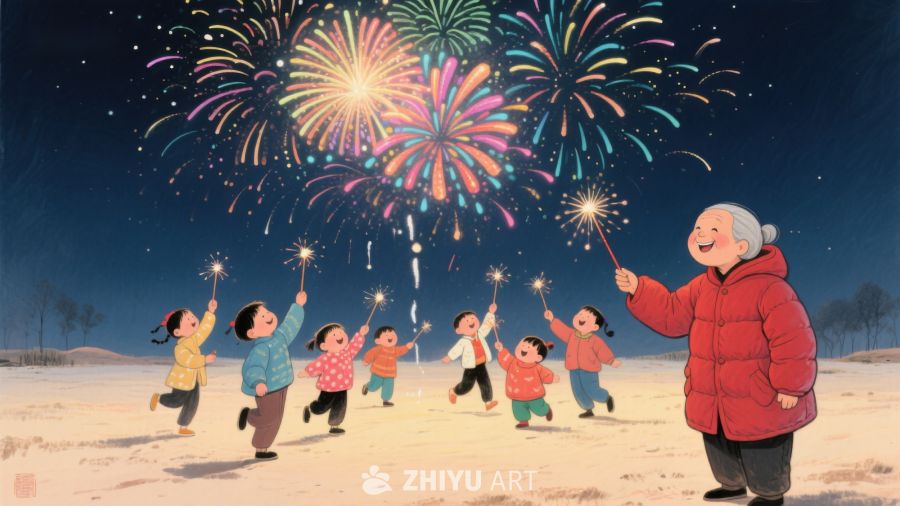 冬夜烟花下的欢乐儿童 200