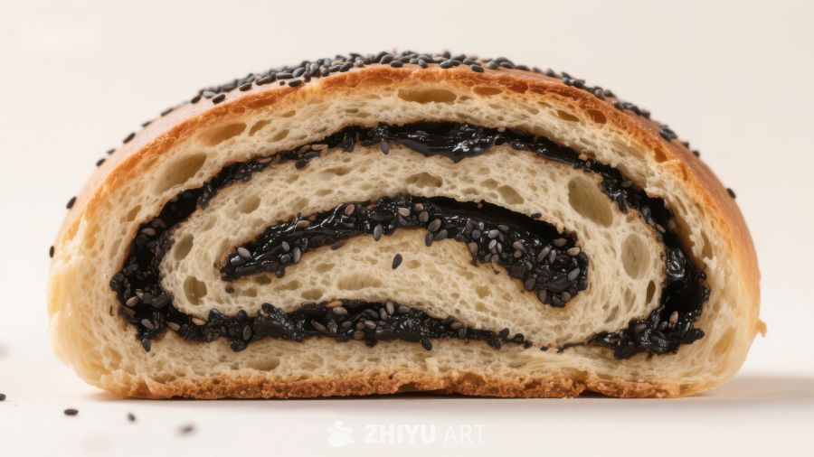 黑芝麻馅面包卷特写