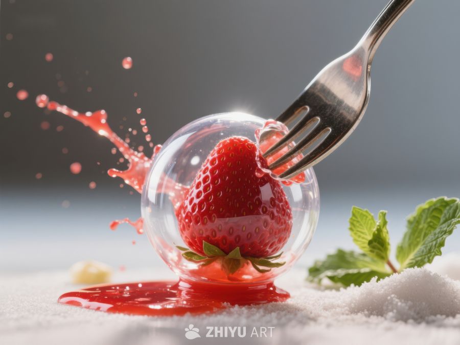 叉子刺破草莓瞬间，果汁四溅