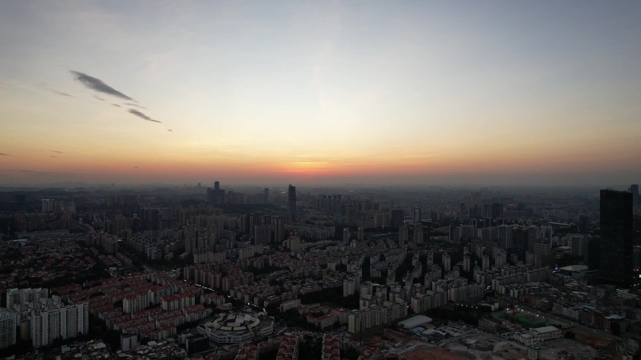 广东东莞日落晚霞城市夜景航拍