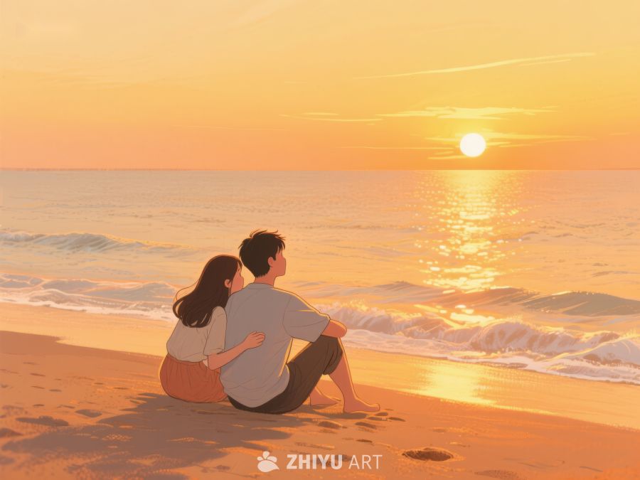 海滩日落，情侣相依 288