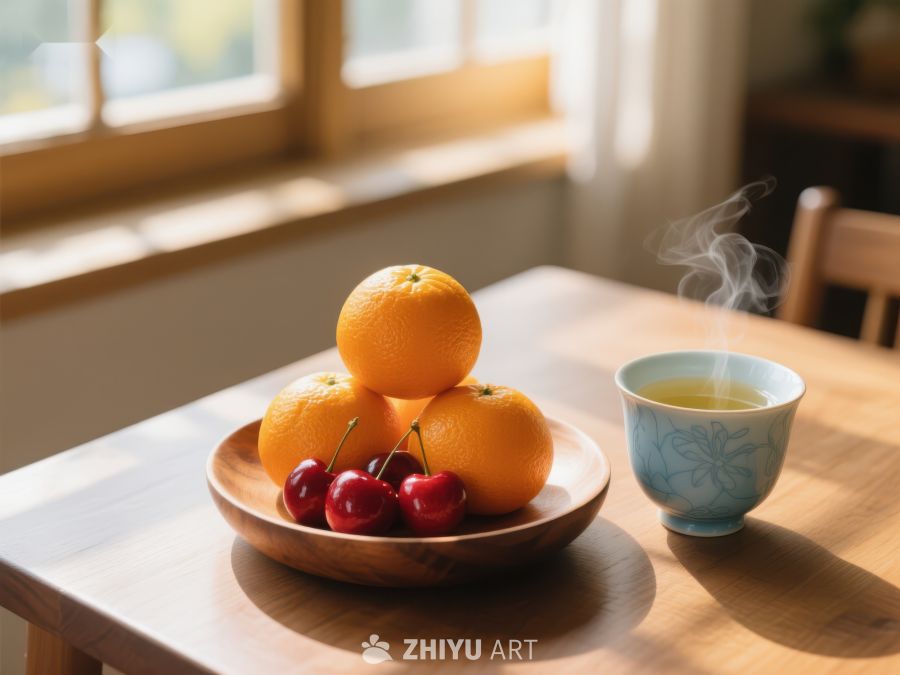 温暖阳光下的水果与热茶 617