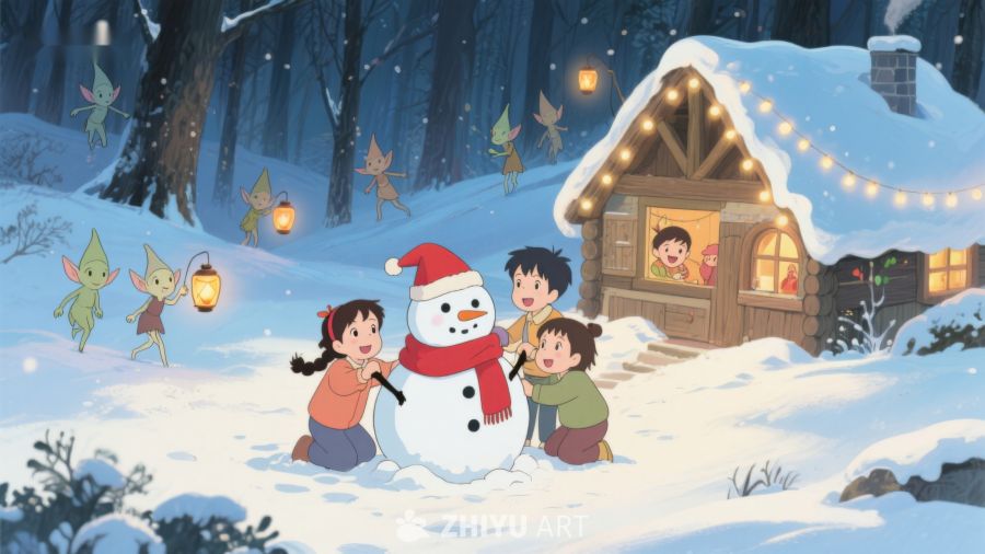 冬夜雪地堆雪人 106