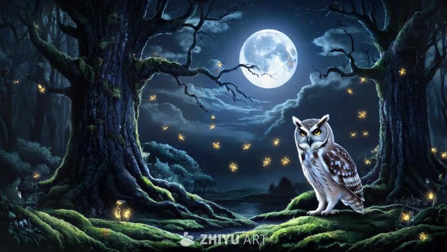 夜间，神秘的森林景象。月光穿过高大的树木，在长满苔