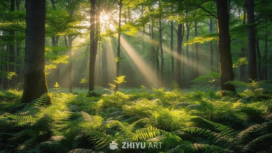 茂密的绿色森林，阳光穿透树叶。森林地面上铺满了蕨类