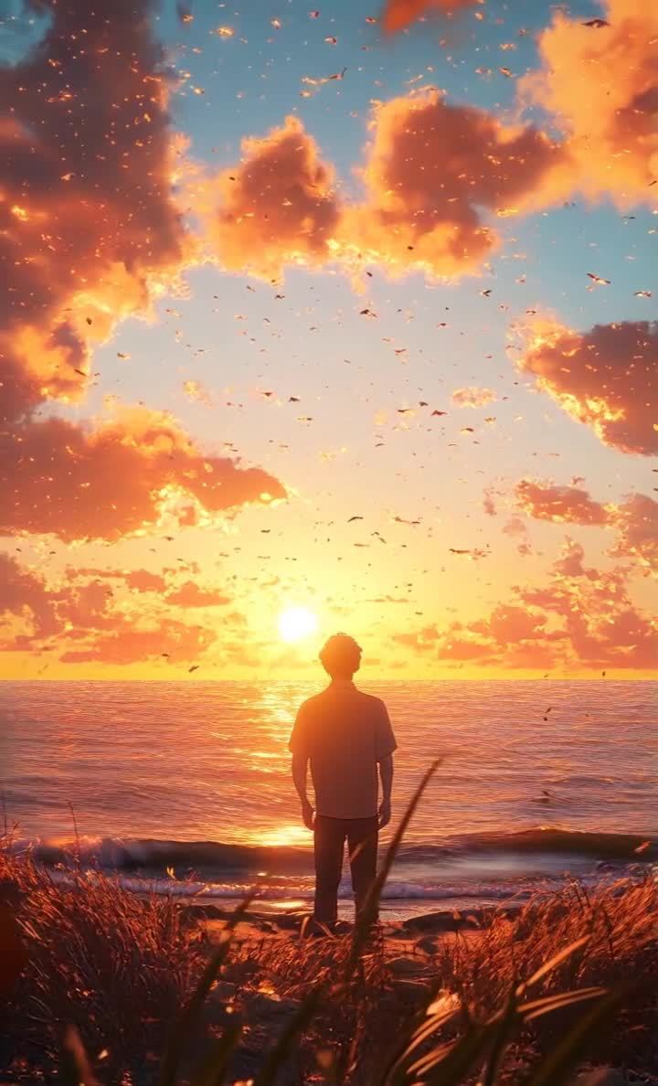 一个男人背对镜头站在海边，海面波光粼粼。天空布满橙