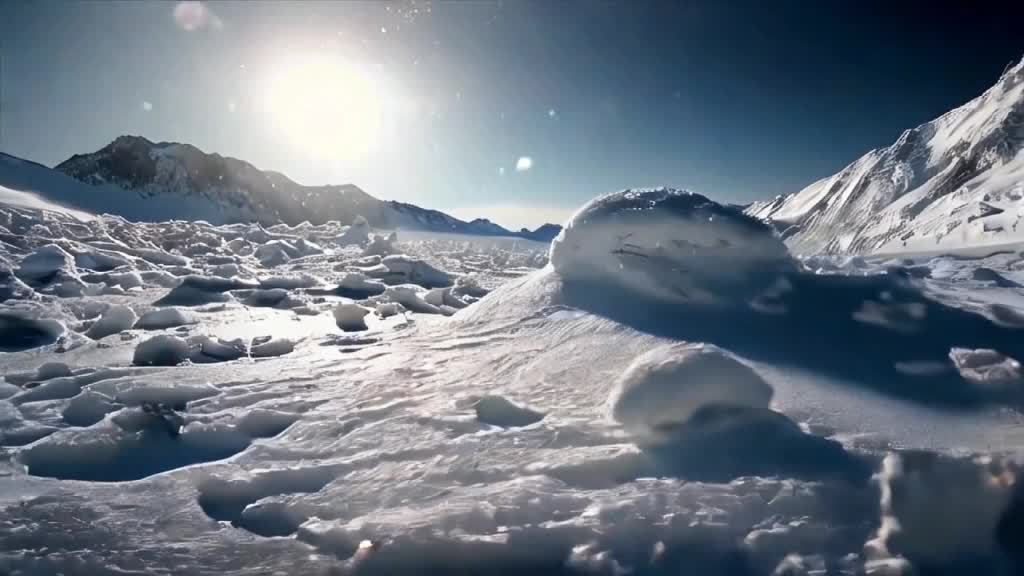 白雪覆盖着山脉，阳光照耀在雪地上。雪地上有不规则的