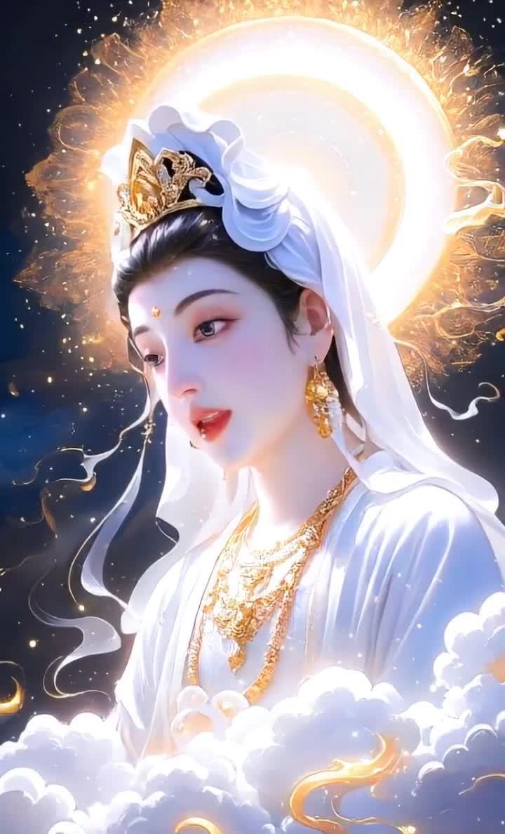 端庄仙气的美丽女性，云雾星空，金色光晕。