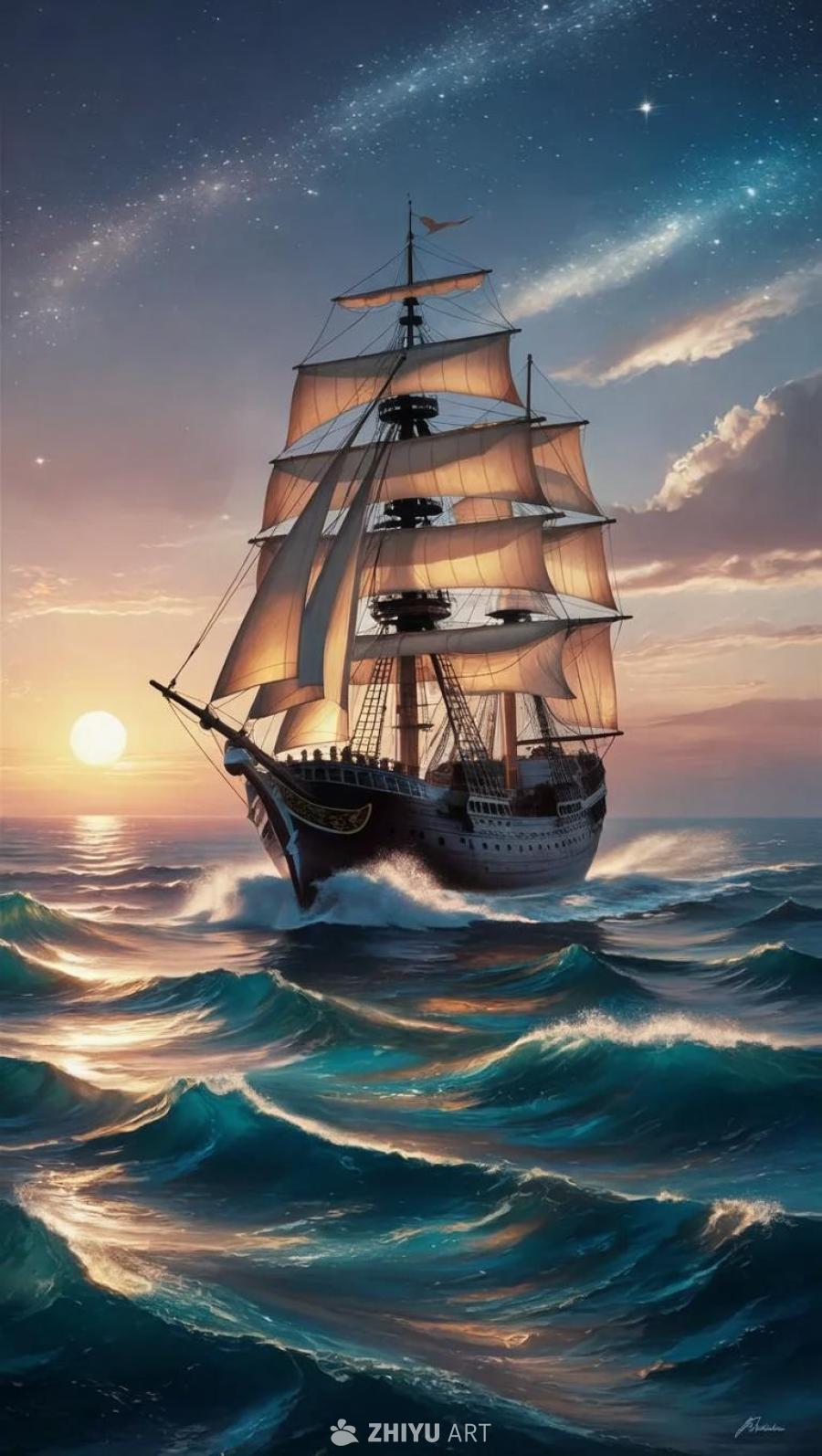 一艘船航行在广阔的蔚蓝海洋上，太阳在其背后落下，在