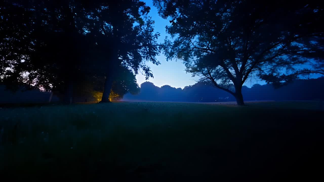 夜晚的乡村，一束明亮的光线照亮了这片土地。树木在风