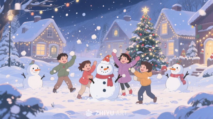 冬夜雪景中孩子们的欢乐时光 130
