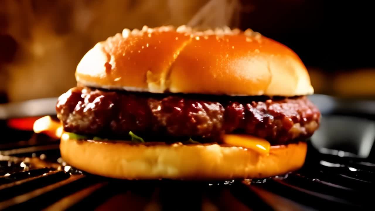一个汉堡在烤架上滋滋作响，肉饼翻转，镜头围绕汉堡进