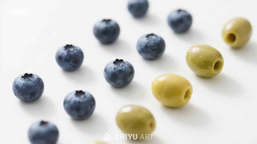 蓝莓与绿橄榄的静物组合