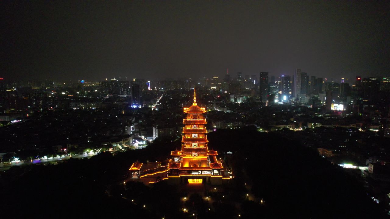 广东佛山魁星阁夜景灯光航拍