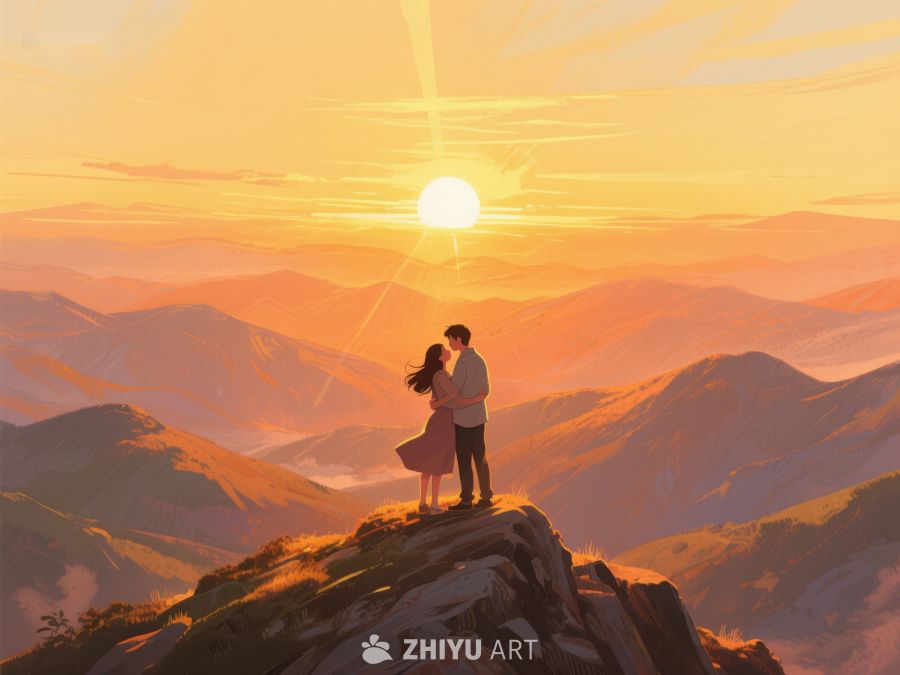 山顶情侣拥抱，夕阳映照山峦 655