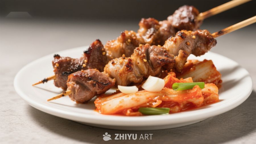 烤肉串配泡菜，美味韩式料理